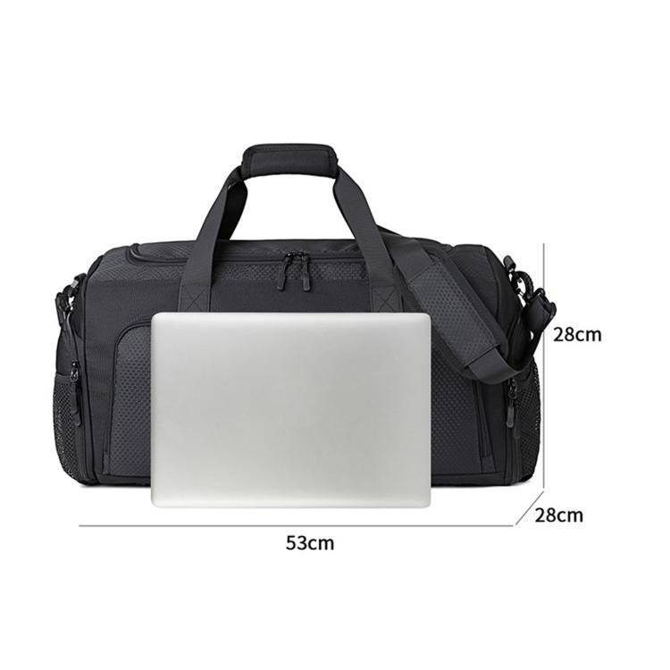 Black duffel travel bag with top handle, shoulder strap, and front zipper compartments