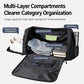 Black duffel bag open to show main compartment, inner slip pocket, wet/dry pocket, and side pocket