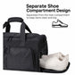 Black duffel bag with separate shoe compartment, zip front, and side access opening