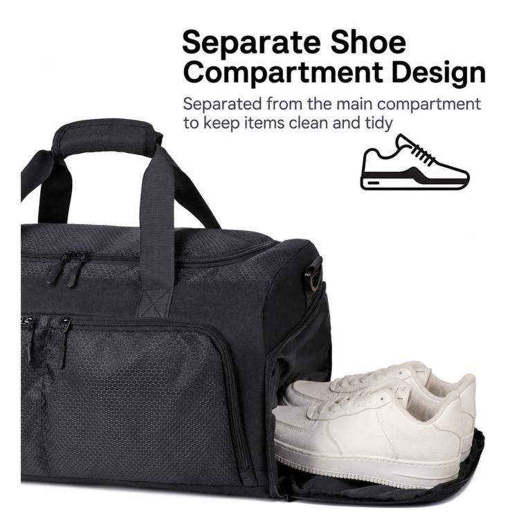 Black duffel bag with separate shoe compartment, zip front, and side access opening