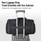 Black duffel bag with rear luggage strap and reinforced handle bars for rolling suitcases