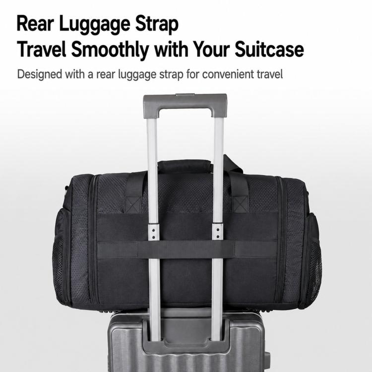 Black duffel bag with rear luggage strap and reinforced handle bars for rolling suitcases