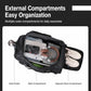 Black duffel bag interior view with outer pockets and separate shoe compartment side