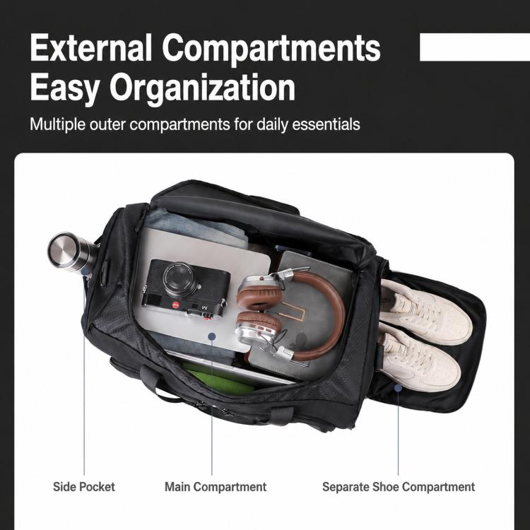 Black duffel bag interior view with outer pockets and separate shoe compartment side