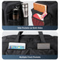 Black duffel bag with side pockets on both sides and multiple front pockets