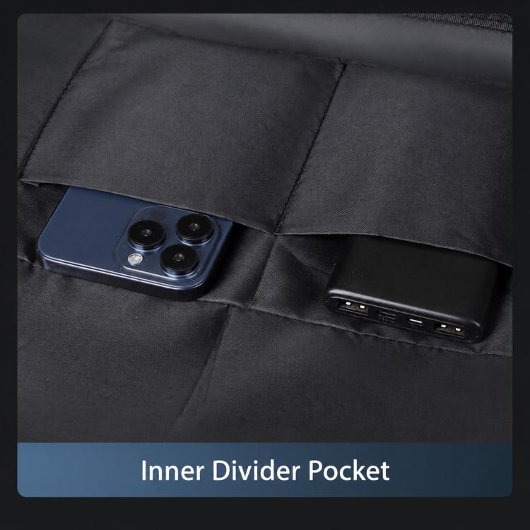 Black inner divider pocket with zip opening for small items