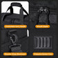 Black duffel bag with comfortable carry handle, smooth zipper, shoulder strap attachment, and bottom pads