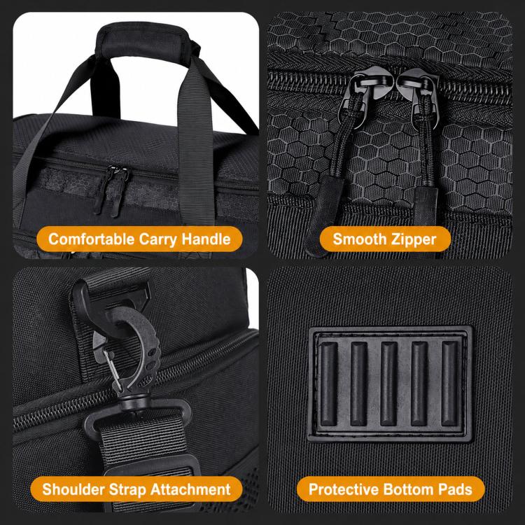 Black duffel bag with comfortable carry handle, smooth zipper, shoulder strap attachment, and bottom pads