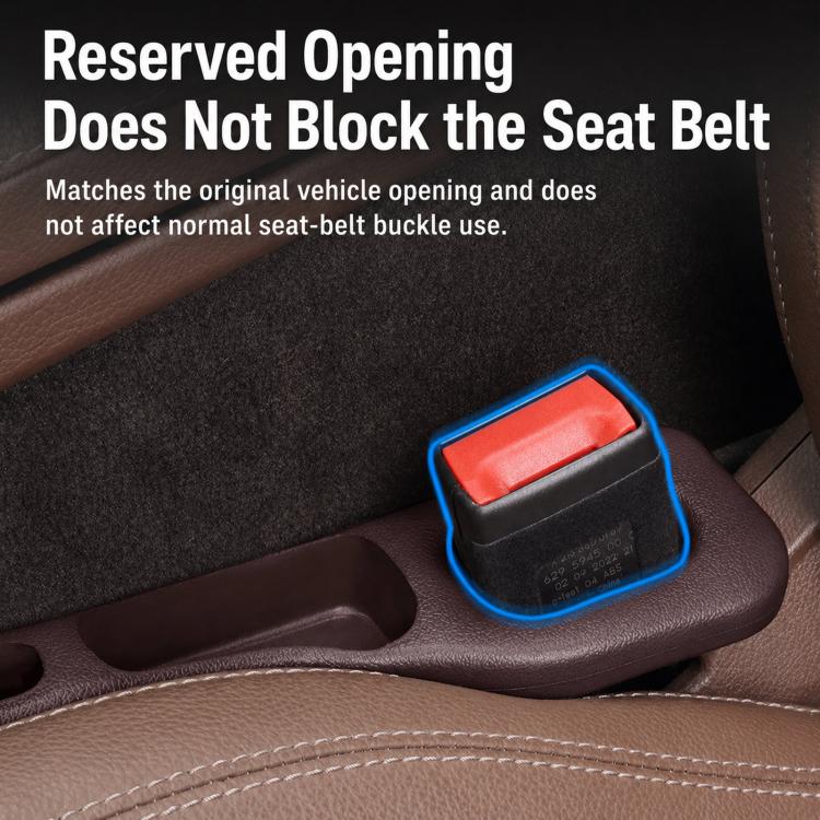 Black car seat gap organizer with red insert near center seat area