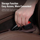 Black car seat gap organizer with red insert, hand pushing into slot
