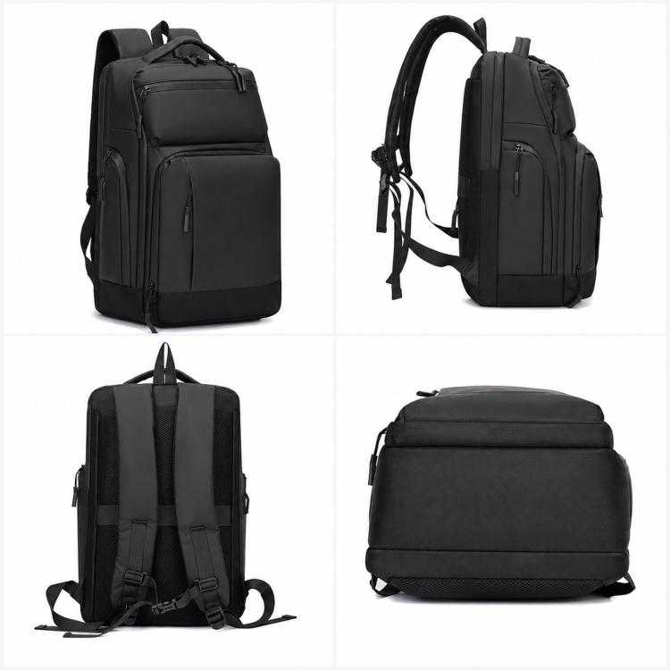 REMOID 15.6-inch laptop backpack in black, multi-view showing front, side, and back panels