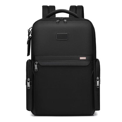 Black laptop backpack with top handle, front zip pocket, and side zip compartments
