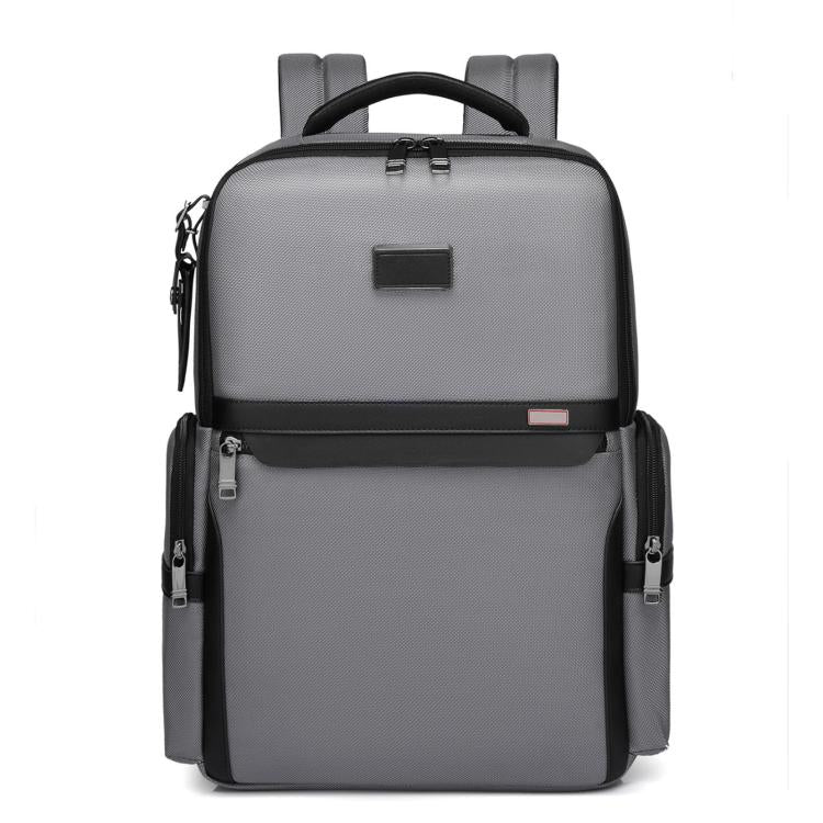 Gray laptop backpack with top handle, front zip pocket, and side zip compartments