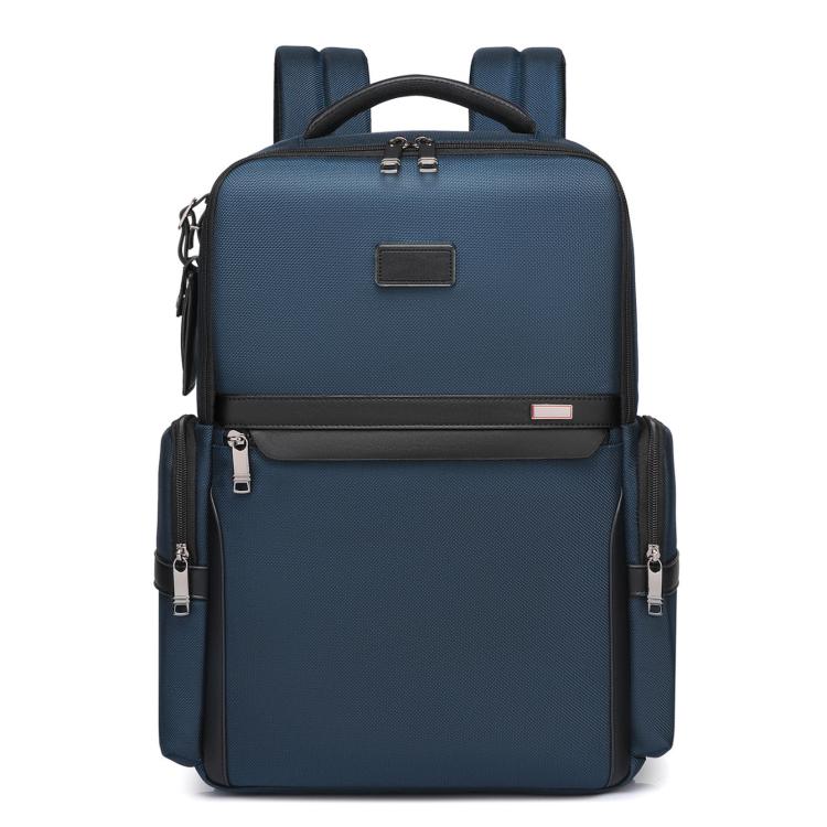 Blue laptop backpack with top handle, front zip pocket, and side zip compartments