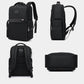 Black laptop backpack shown front, back, side, and top with dual zippers