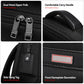 Black laptop backpack with dual metal zipper pulls, cushioned carry handle, and nameplate