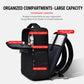 Black backpack open to show main compartment and multiple zip pockets