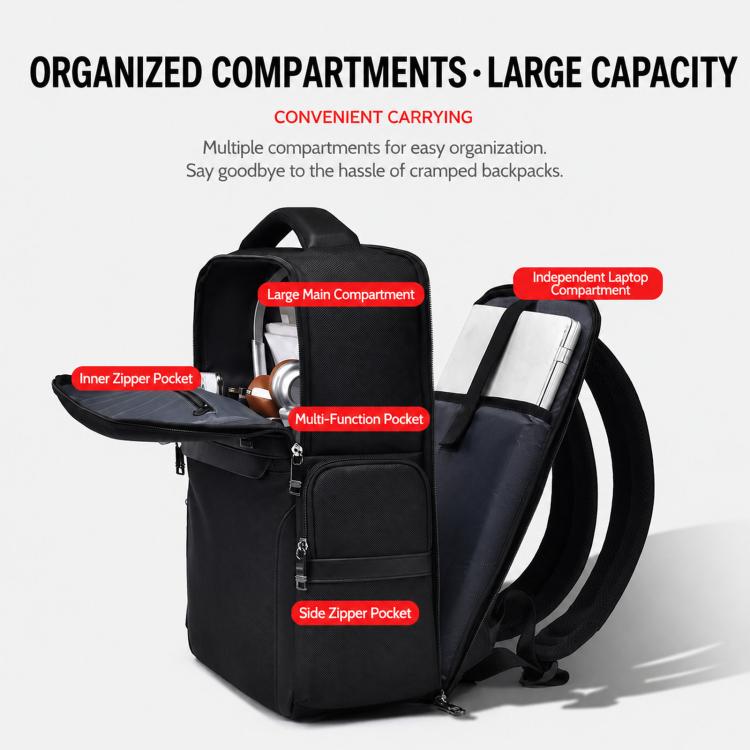 Black backpack open to show main compartment and multiple zip pockets
