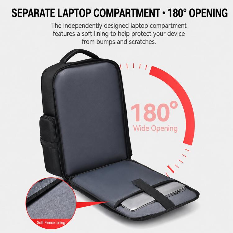 Laptop backpack with wide-open compartment and soft interior lining