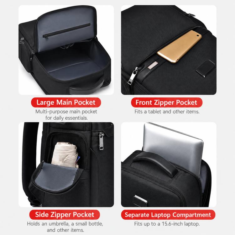 Black laptop backpack with front zip pocket, side zip pocket, and separated laptop area