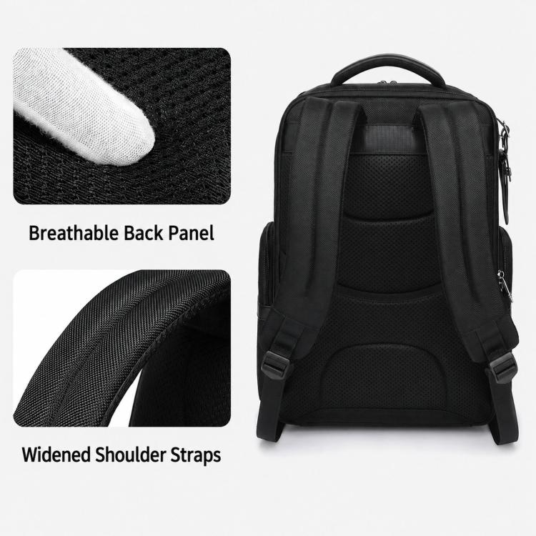 Black laptop backpack back panel with breathable cushioning and widened shoulder straps