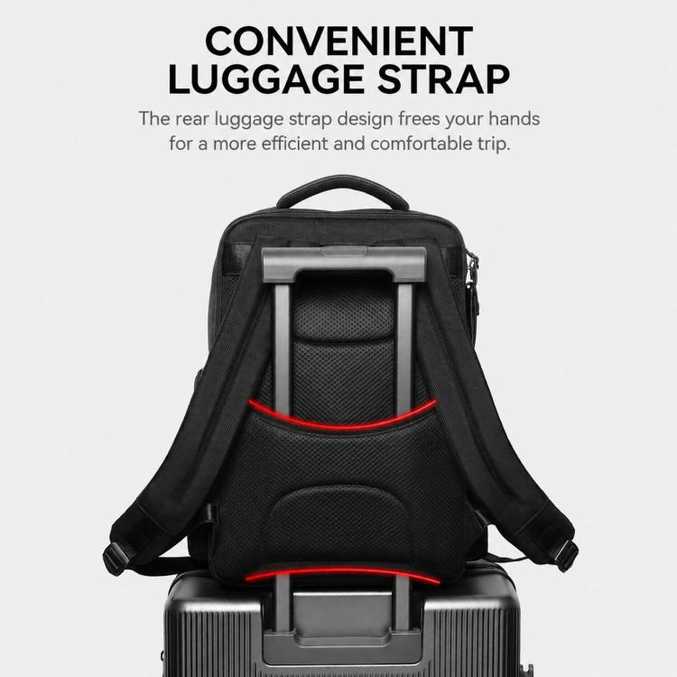 Black laptop backpack with front pocket, top handle, and adjustable shoulder straps