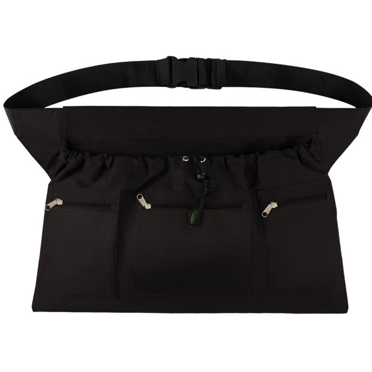 Black gardening apron bag with adjustable belt and front zipper pockets
