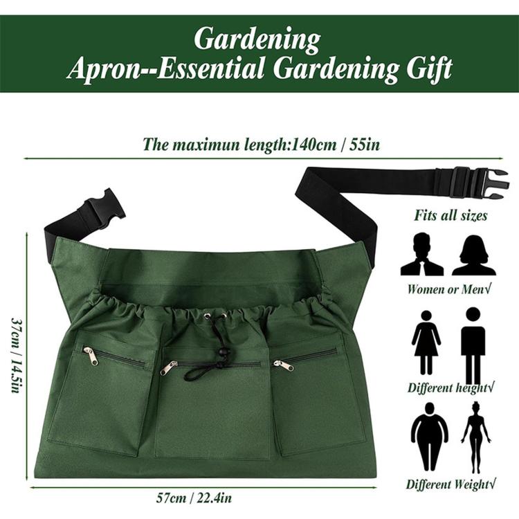 Dark green gardening apron bag with adjustable belt and multiple front zipper pockets