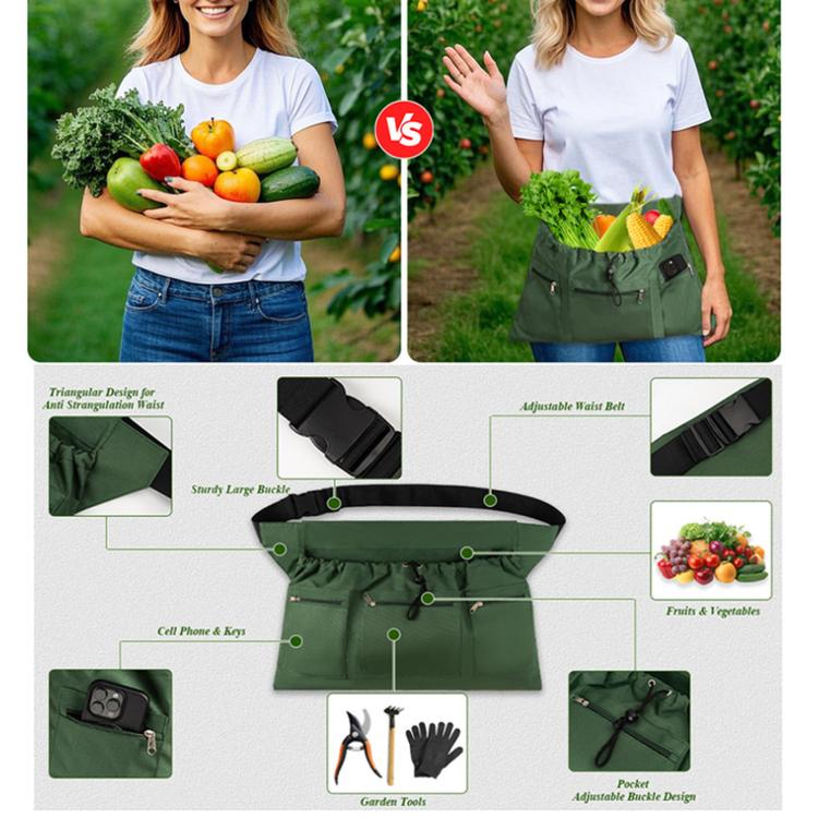 Green gardening apron bag with adjustable waist belt and front zipper pockets