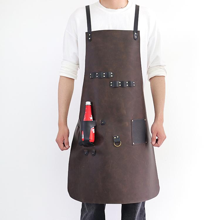 Dark brown waterproof BBQ apron with studded leather straps and bottle holster pockets