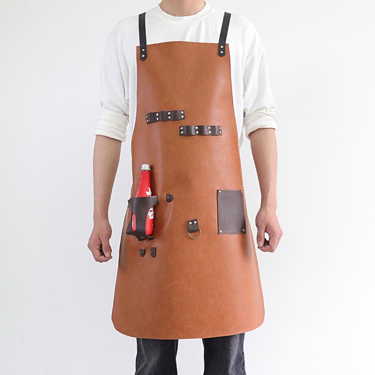 Tan/brown waterproof BBQ apron with studded leather strap holders and bottle pocket