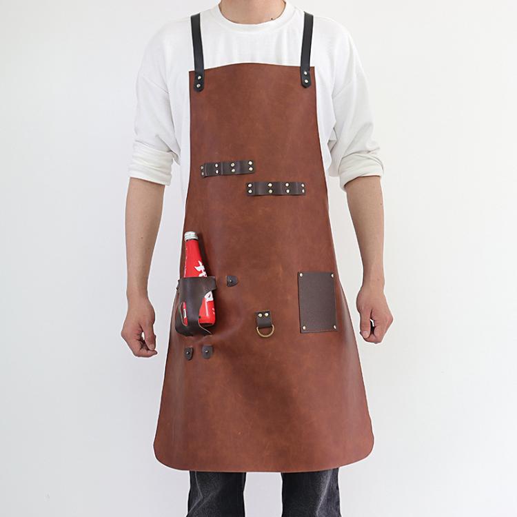 Brown waterproof BBQ apron with studded leather straps and bottle holster pocket