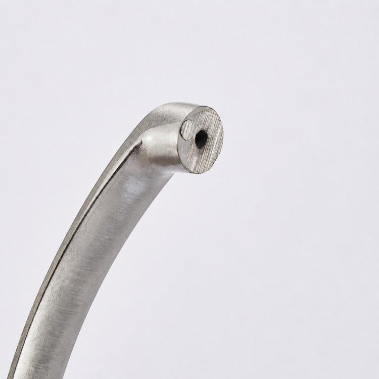 Brushed metal cabinet pull end with screw hole opening on rounded mounting base