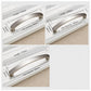 Brushed metal cabinet pull size layout diagram with curved handle and measurements