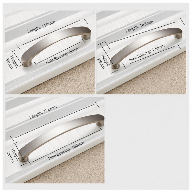 Brushed metal cabinet pull size layout diagram with curved handle and measurements