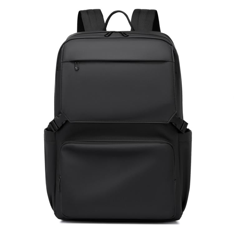 Black laptop backpack with zip front, top handle, and padded shoulder straps