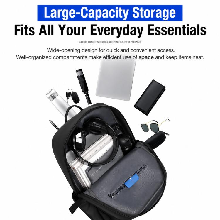 Black laptop backpack with wide opening and internal compartments for everyday items
