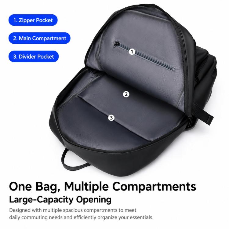 Black laptop backpack with divided interior compartments and dual-zip main opening