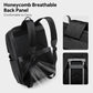 Black backpack with padded breathable back panel and adjustable shoulder straps