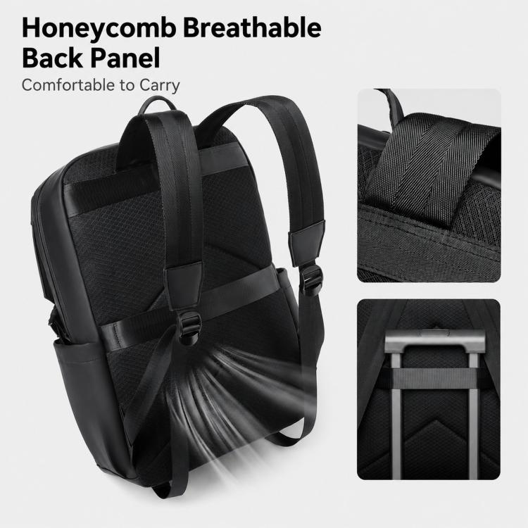 Black backpack with padded breathable back panel and adjustable shoulder straps