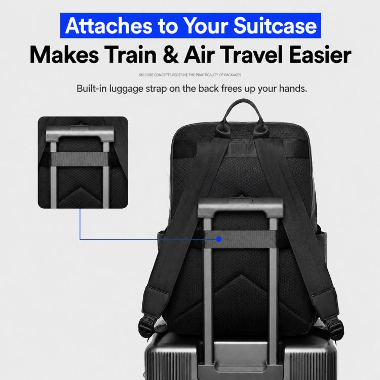 Black backpack with luggage strap on the back and adjustable shoulder straps