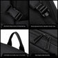Black backpack details: side buckle, adjustable strap, and dual zippers