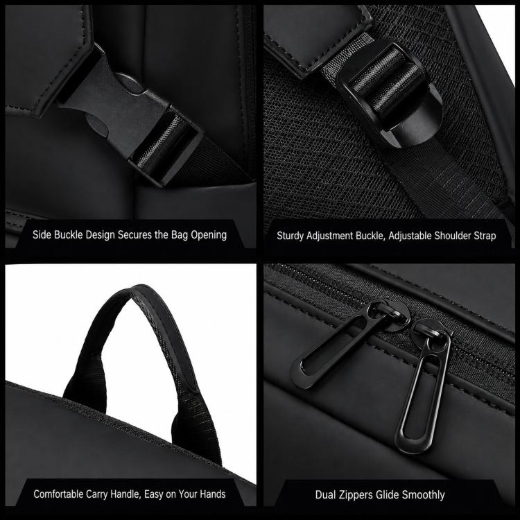 Black backpack details: side buckle, adjustable strap, and dual zippers