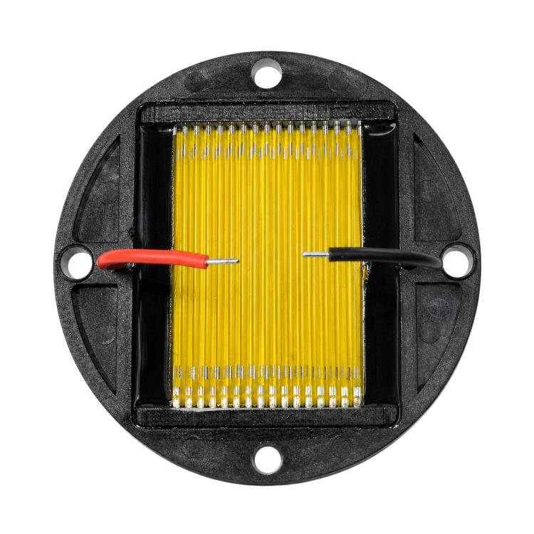 Round ribbon tweeter diaphragm driver with yellow folded ribbon, red/black leads, black housing