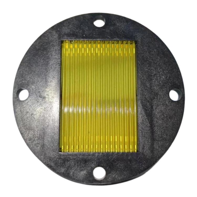 Ribbon tweeter diaphragm driver with yellow ribbon strip in black circular frame
