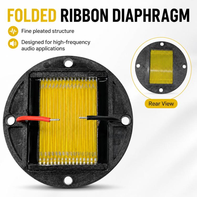 Folded ribbon tweeter diaphragm driver with yellow pleated ribbon and red/black terminals