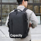 Black backpack worn on back with front buckle straps and structured side panels