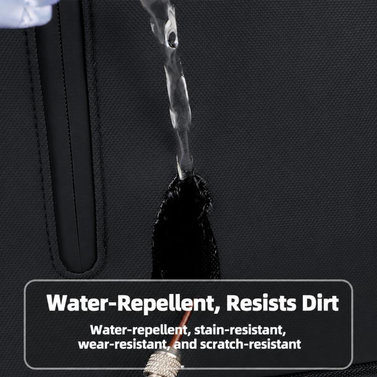 Black backpack fabric with water-repellent, dirt-resisting coating label