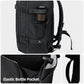 Black travel backpack with front organizer pocket and elastic bottle pocket