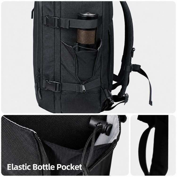 Black travel backpack with front organizer pocket and elastic bottle pocket